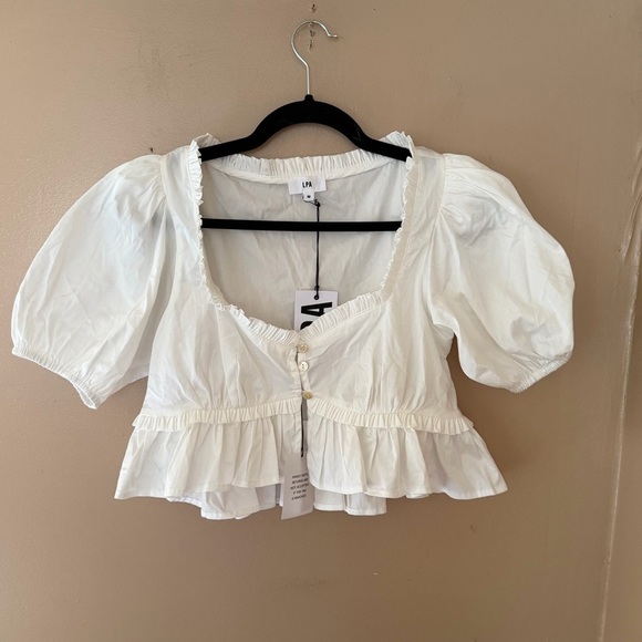 LPA Annalie Top White Puff Sleeve Blouse cropped Revolve NWT $158 M - Picture 7 of 9